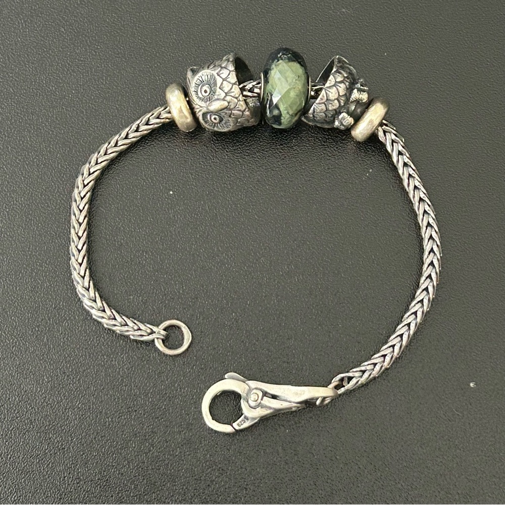 Trollbeads Silver Bracelet 7.5” with “Night Owl”, “Green Jasper” Beads (Retired)